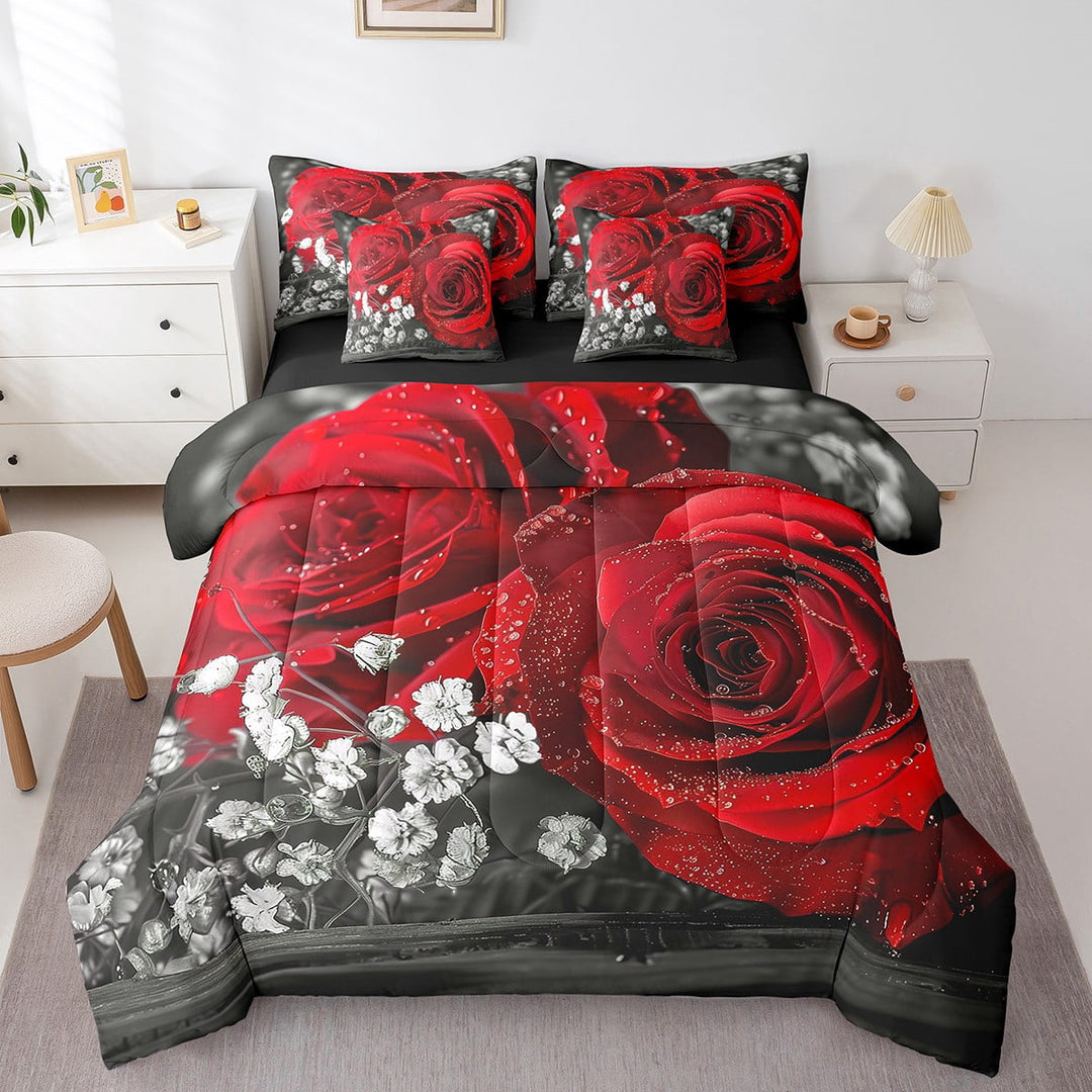 Red Rose Floral 7 Pcs Comforter Set Queen,3D Printed Blossom Flowers Bed in a Bag,Valentine&