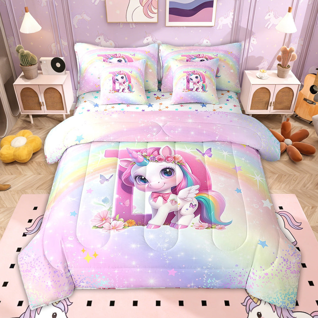 Erosebridal Initial A-Z Bedding Twin Size for Kids Girls, Unicorn Initial Letter D Bedding Sets Twin Size, Colorful Stars Reversible, 7pcs