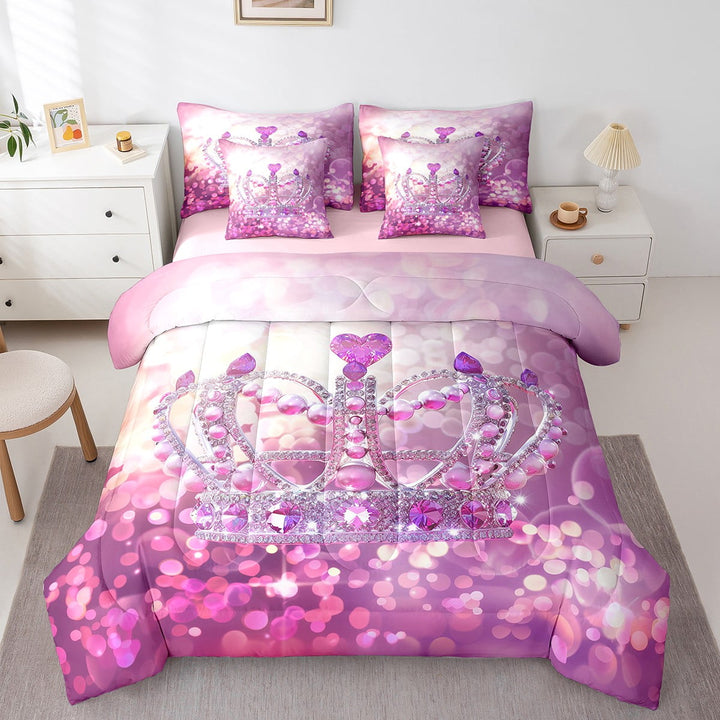 Crystal Crown Bedding Queen Size 7pcs Bed in a Bag, Glitter Princess Soft Comforter Set , Shiny Diamond Adults Bedding Comforter Sets, Purple Pink Modern 3D Printed Bed Sheets Set