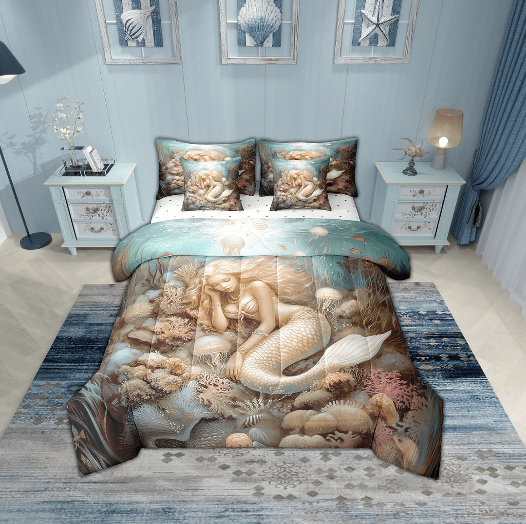 Erosebridal Mermaid Princess Bedding Twin Size, Ocean Coral Bed Set, Dreamy Jellyfish Reversible Bedding Sets Twin Size, Microfiber Bedroom Decorative, 7pcs