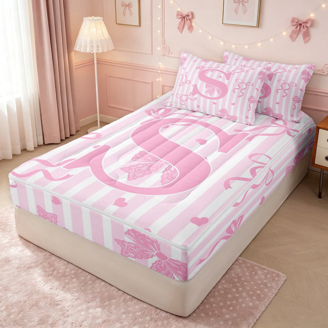 meiyoeat Princess Bow Initial S Zipper Full Size Comforter Sets with Fitted Sheet and 2 Pillowcases for Girls, Pink Stripe Lines Zipper Bedding Set, Pink Reversible, 4 Pieces