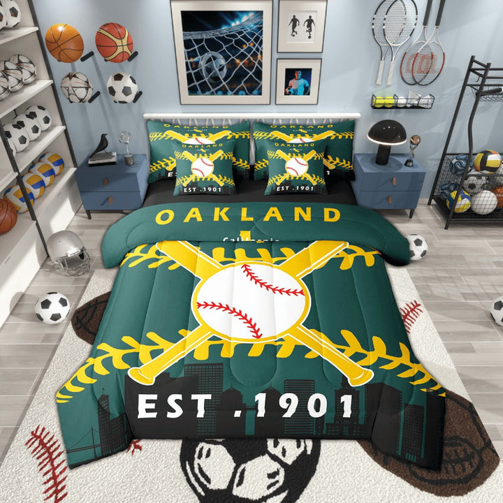 7 Pcs Comforter Set Full Size,Baseball Bed in a Bag with Flat Sheet and Fitted Sheet and Adults,Baseball City Bedding Set with Pillowcase and Sham(Oakland)