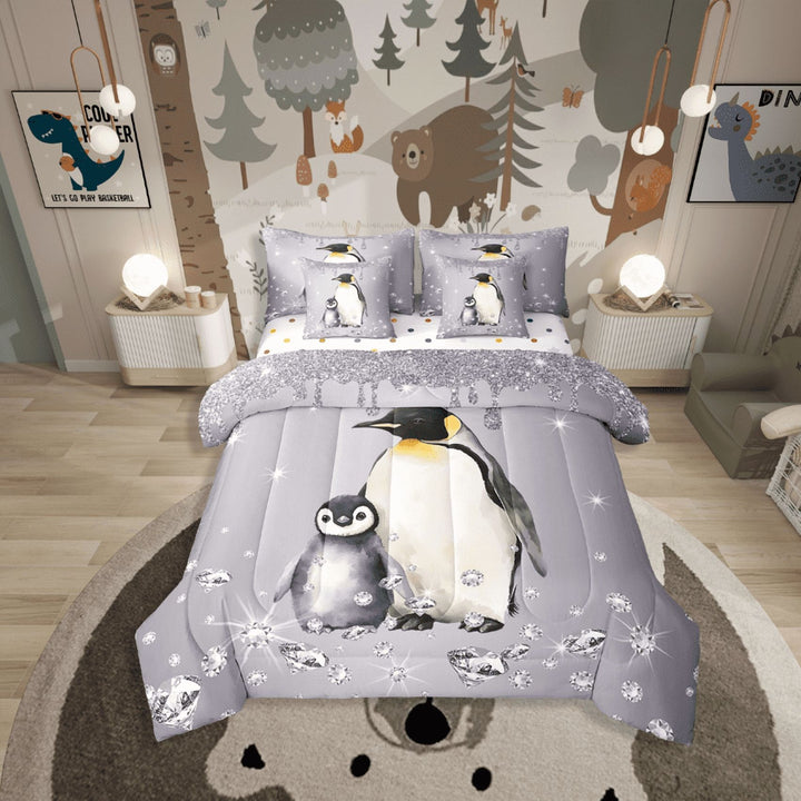 Erosebridal Wildlife Penguin Bedding Sets Twin Size,Crystal Sequin Print Comforter Sets With Sheets,Bling Decor,Reversible,Breathable,7Pcs
