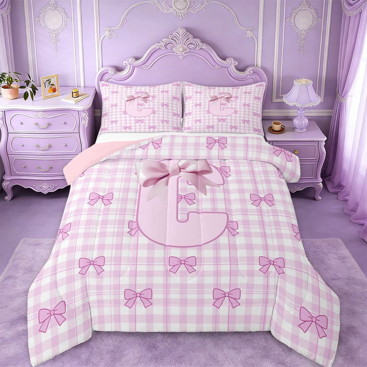 Erosebridal Pink Buffalo Plaid Full Size Comforter Sets For Kids,Cute Bow Letter C Monogrammed Bedding Sets For Bowknot Lover,Pink Reversible,3pcs