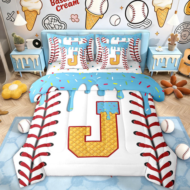 Erosebridal Kids Buffalo Letter J Twin Bedding Sets, Baseball Ice Cream Bedding Comforter Set, 7pcs