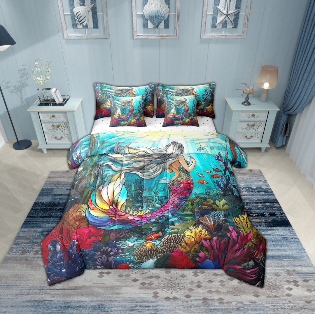 Erosebridal Princess Mermaid Bedding Sets Twin Size,Marine Animal Comforter Sets with Sheets,Ocean Theme Decor,Reversible,Breathable,7pcs