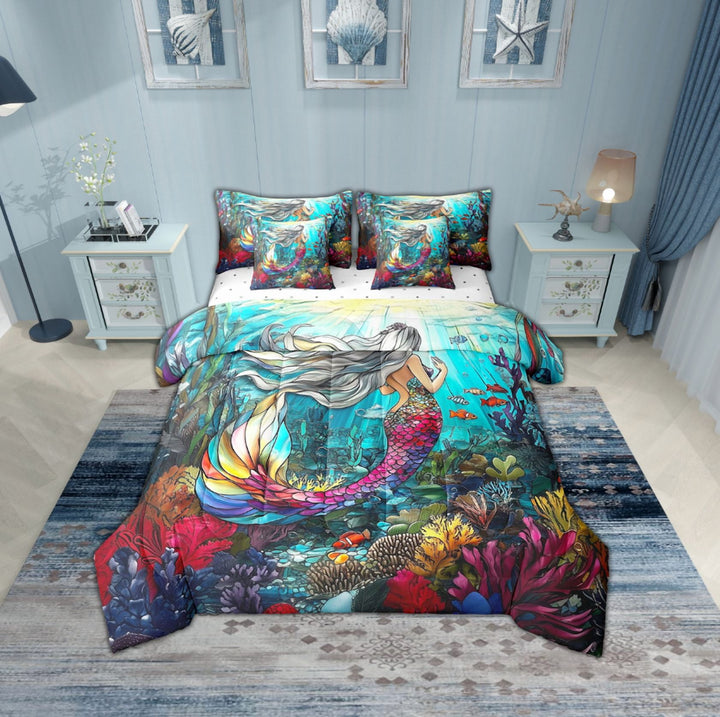 Erosebridal Princess Mermaid Bedding Sets Twin Size,Marine Animal Comforter Sets with Sheets,Ocean Theme Decor,Reversible,Breathable,7pcs