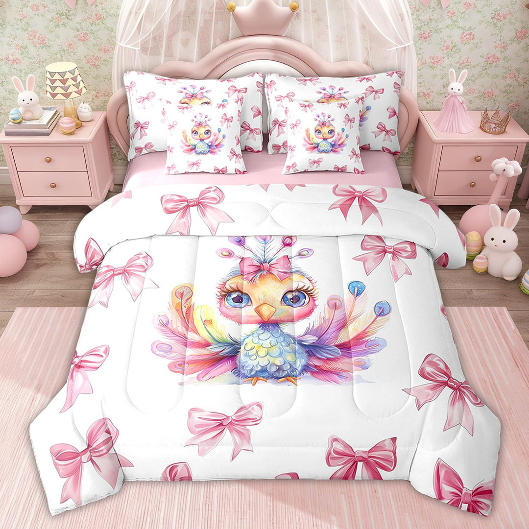 Erosebridal Cartoon Peacock Bedding Twin Comforter Set, Pink Bow-tie Down Comforter, Cute Animal Decor, Pink Reversible 7 Pieces