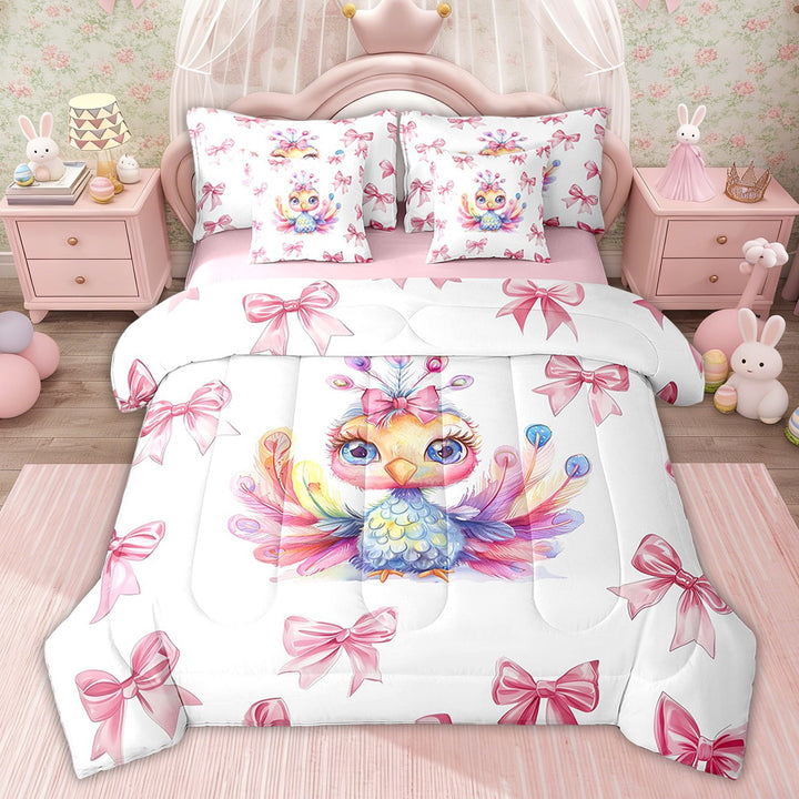 Erosebridal Cartoon Peacock Bedding Twin Comforter Set, Pink Bow-tie Down Comforter, Cute Animal Decor, Pink Reversible 7 Pieces
