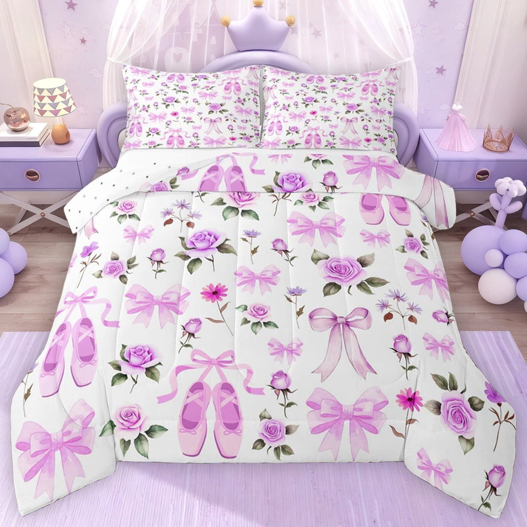 Erosebridal Cute Ballet Girl Full Size Comforter Sets, Purple Bow Flower Bedding Sets, Reversible 3pcs, 1 Comforter and 2 Pillowcases