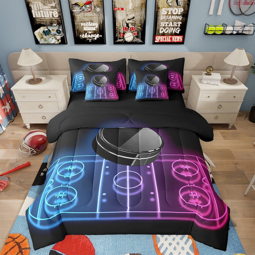 7 Piece Ice Hockey Twin Bed in a Bag Sports Bedding Sets Teen Ice Hockey Lover Comforter Set with Sheets Winter Sports Game Themed Bed Set Ice Hockey Game Decor Sheets