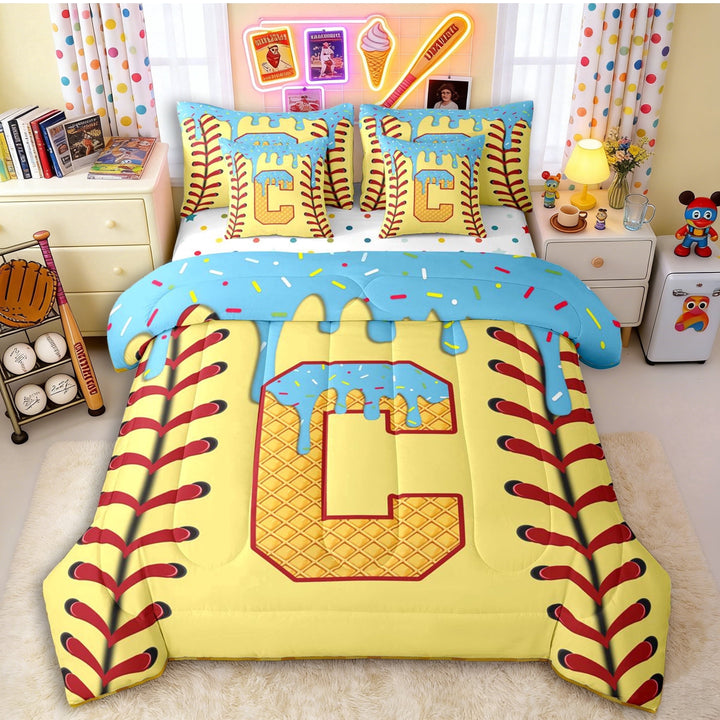 Erosebridal Light Blue Dripping Baseball Stitch &amp; Waffle Letter C Graphic Twin Bedding Sets 7-Piece, Alphabet Graphic Bedding Comforter Set for Boys And Girls Kids,Lightweight Room Decor