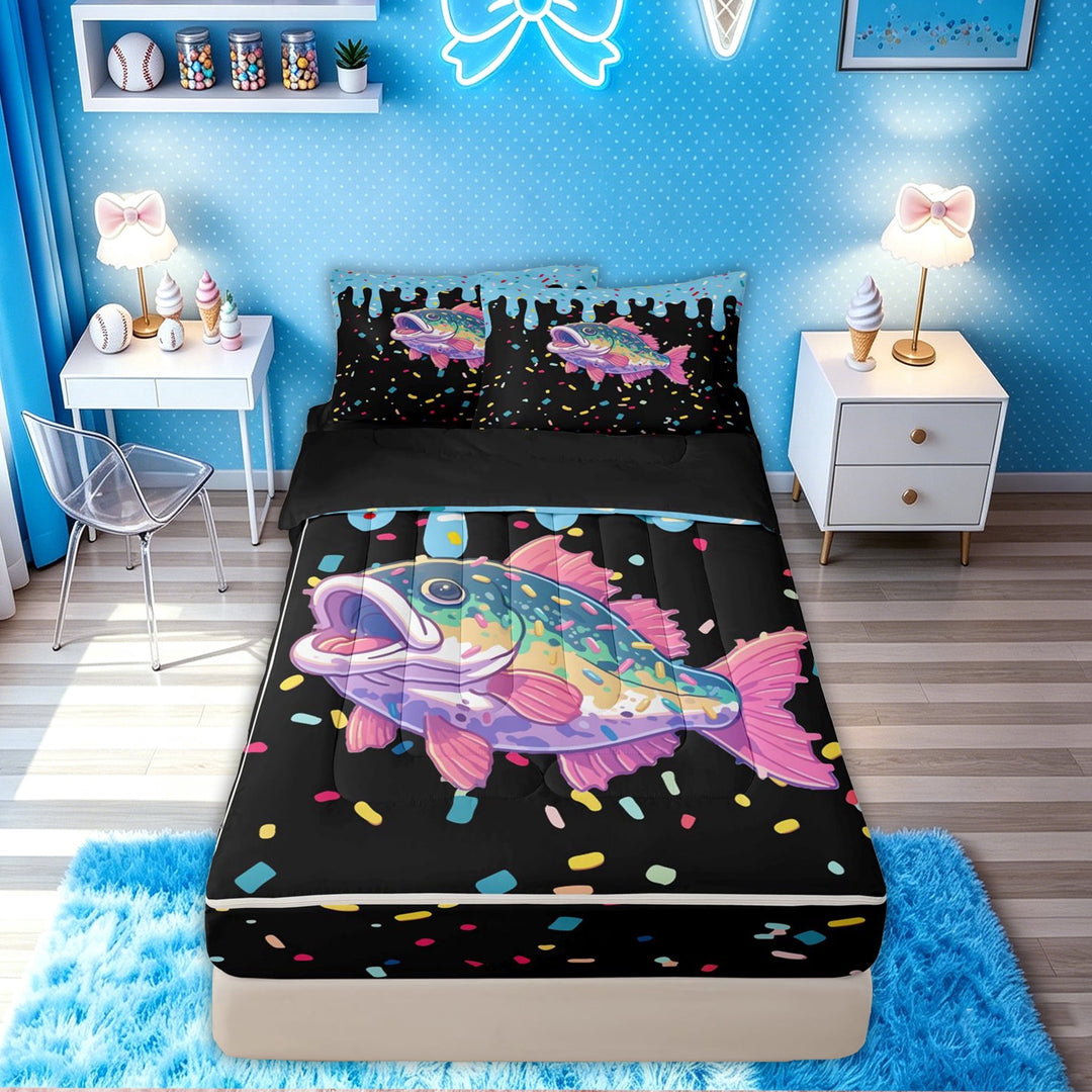 meiyoeat Cartoon Bass Fish Zipper Full Size Comforter Sets with Fitted Sheet and 2 Pillowcases, Candy Wildlife Ice Cream Drip Zipper Bedding Set, Black Reversible, 4-Piece