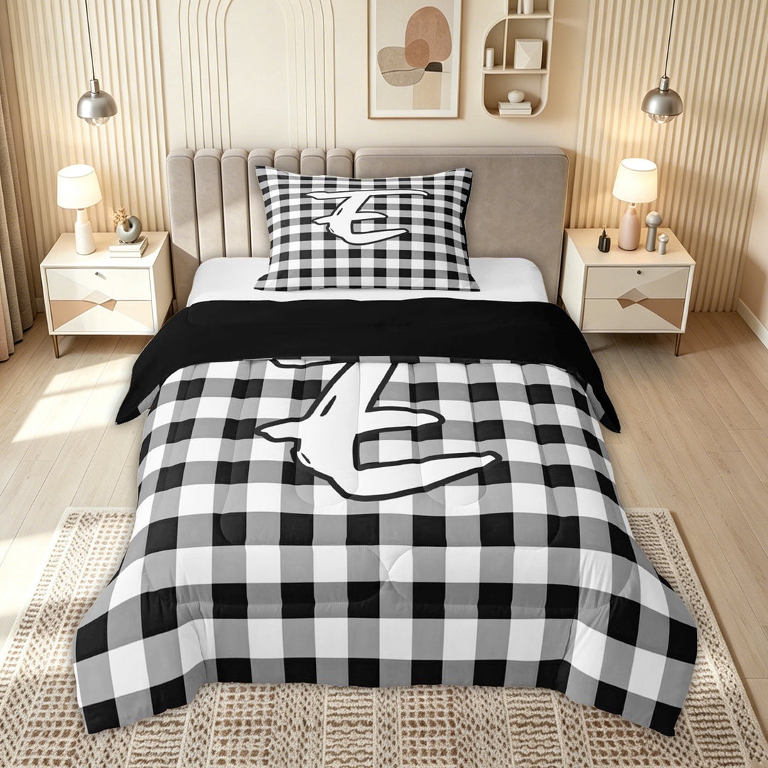 meiyoeat Graffiti Letter E Full Size Comforter Sets for Boys, Checkered Grid Bedding Comforter Set, Black White, Black Reversible, 3pcs, 1 Comforter and 2 Pillowcases