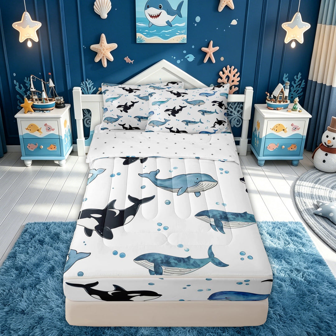 meiyoeat Watercolor Sea Whale Zipper Twin Comforter Sets with Fitted Sheet and 2 Pillowcases for Kids Boys Girls, Cute Marine Animal Zipper Bedding Set, White Blue, Reversible, 4pcs