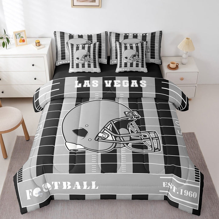 Erosebridal Rugby Sports Bed in a Bag Twin Size,Las Vegas Bed Set,Gray Black Helmet Bedding Twin Size For Teens,Breathable Room Decoration Reversible,7 Pieces