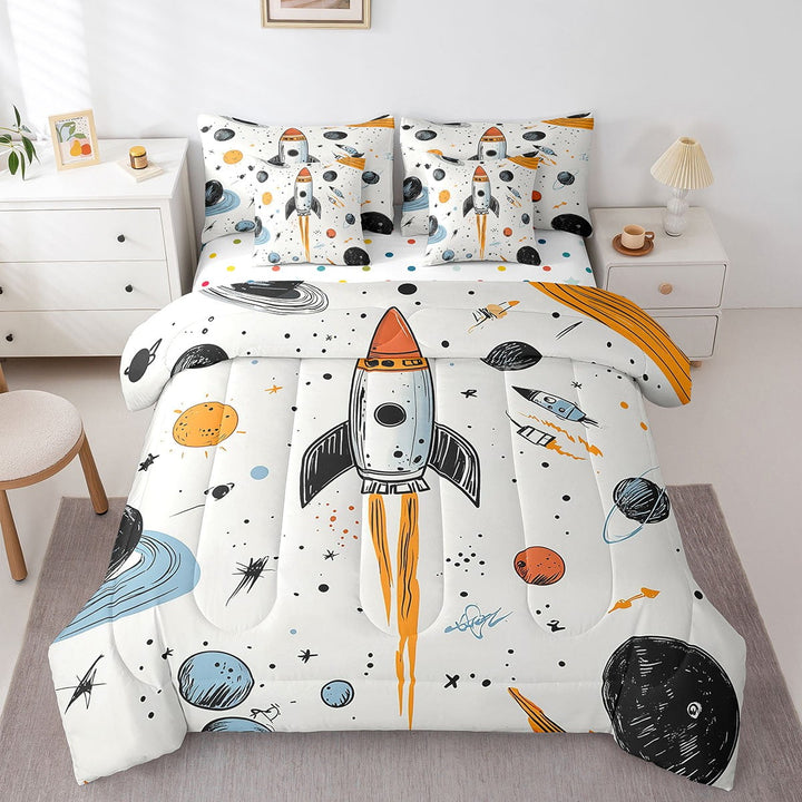 Cartoon Rocket Queen Comforter Set with Sheets - 7 Pieces Doodle Out Space Planet Queen Size Bedding Sets,Graffiti Stars Bed in a Bag with Comforter,Sheets,Pillowcase &amp; Shams