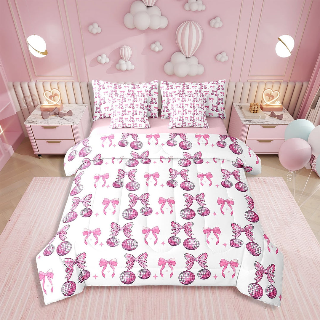 Erosebridal Cute Bowknot Comforter Set with Sheets Bow 7 Piece Bedding Set Twin Size Pink Disco Ball Bed in a Bag Soft Pink Bow Tie Bedding Comforters