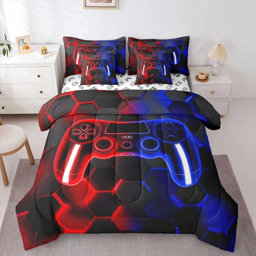 Erosebridal Red Blue Gamepad Bedding Sets Twin Size, Gradient Geometric Comforter Sets with Sheets, Gaming Sports Reversible Bedding Twin Size, Ultra Soft Bedroom Decor, 7pcs