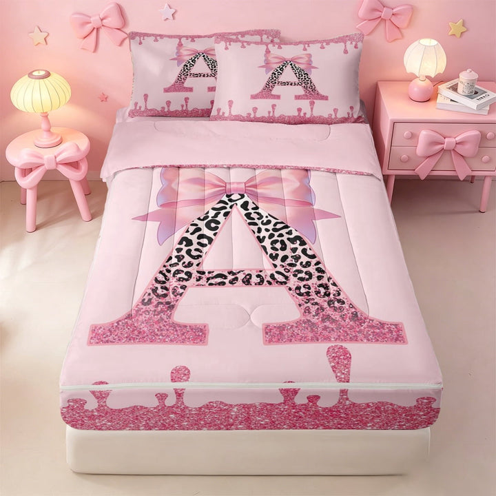 meiyoeat Cheetah Bow Monogram A Zipper Full Size Comforter Sets with Fitted Sheet and 2 Pillowcases For Girls,Pink Personalized Glitter Drip Art Zipper Bedding Set,Pink Reversible,4-Piece