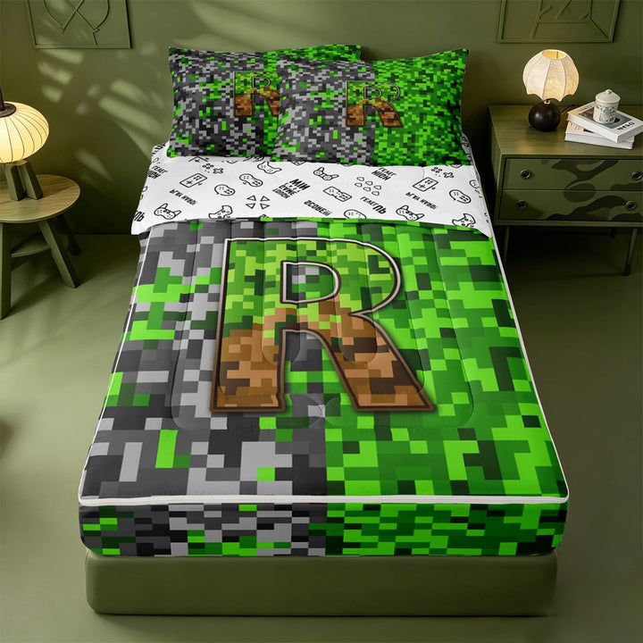 meiyoeat 3D Cartoon Pixelated Print Zipper Full Size Comforter Sets with Fitted Sheet and 2 Pillowcases For Boysmonogram Letter R Zipper Bedding Set,Reversible,4-Piece