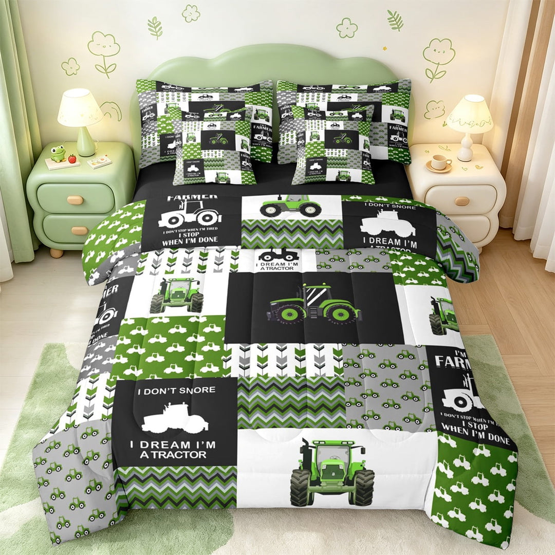 Manfei Harvester Excavator 7 Pieces Bedding Comforter Set,Geometric Waves Striped Full Bedding Set,Green Patchwork Grid Fitted Sheet Flat Sheet For Kids,Ultra Soft Home Decor Reversible