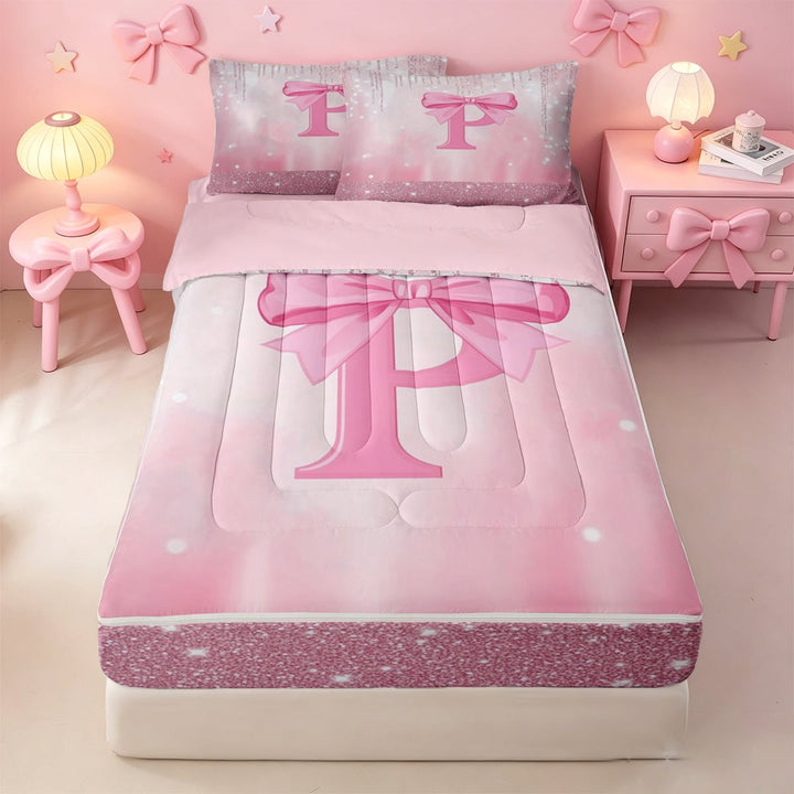 meiyoeat 3D Cartoon Coquette Bows Zipper Full Size Comforter Sets with Fitted Sheet and 2 Pillowcases For Kids,Girly Personalized Alphabet P Zipper Bedding Set,Pink Reversible,4-Piece