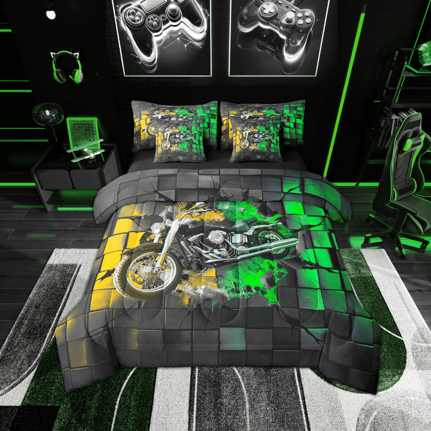 Erosebridal Dirt Bike Bedding Sets Twin Size,Geometric Buffalo Comforter Sets with Sheets,Golden Green Bed in a Bag Twin size,Lightweight Motorcycle Room Decoration,Reversible,7-Piece