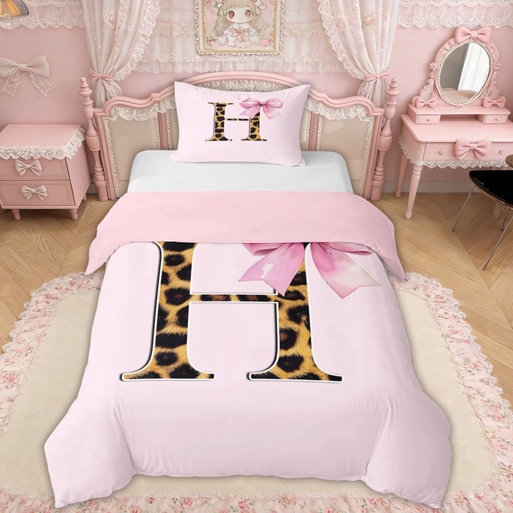 Erosebridal Letter H Leopard Print Twin Bedding, Pink Princess Bow Duvet Cover Set for Girls Kids, Pink Reversible, 1 Duvet Cover and 1 Pillowcase (No Comforter), 2pcs