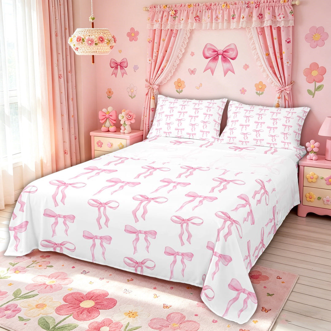 Meiyoeat Watercolor Bow Full Size Sheets for Girls Kids, Princess Bowknot Style Bed Sheets, Pink White, 4-Piece