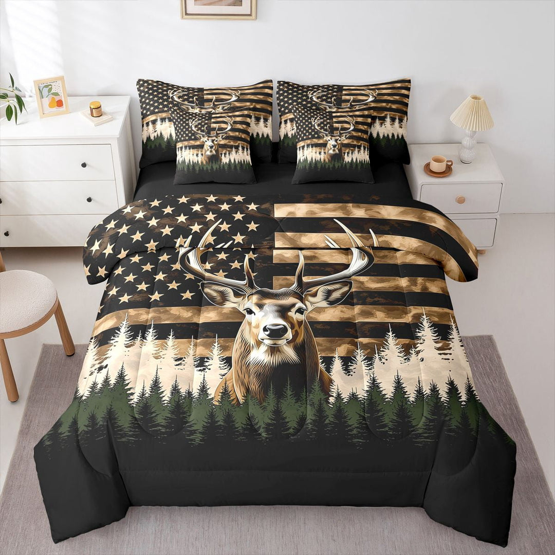 Manfei Vintage Wildlife Deer 7-Piece Twin Bedding,American Flag Bedding Comforter Set,Brown,Black Reversible