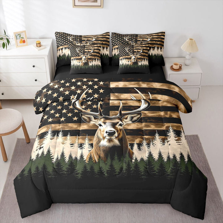 Manfei Vintage Wildlife Deer 7-Piece Twin Bedding,American Flag Bedding Comforter Set,Brown,Black Reversible