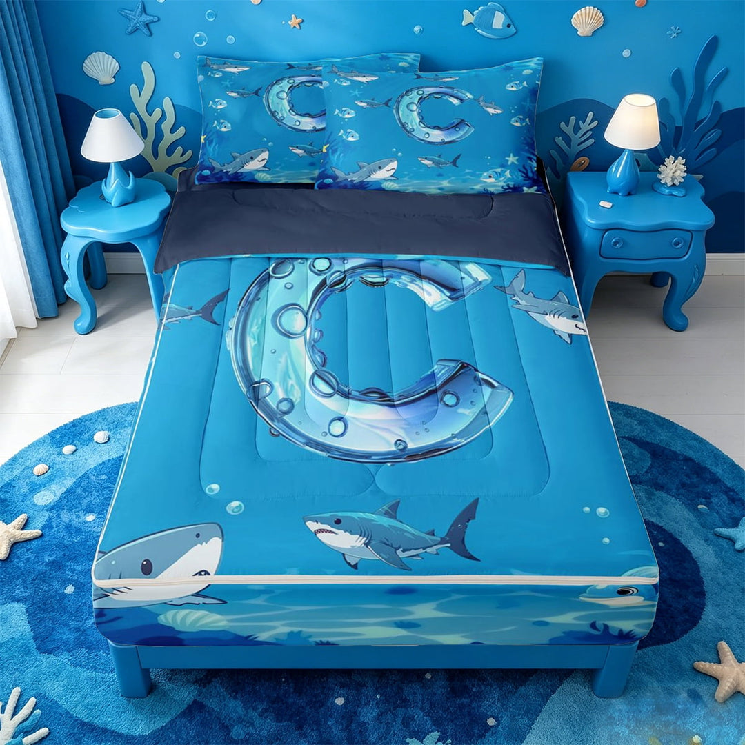 meiyoeat Ocean Shark Monogram C Zipper Full Size Comforter Sets with Fitted Sheet and 2 Pillowcases For Boys,Water Themed Letter Design Zipper Bedding Set,Navy Blue Reversible,4 Pieces