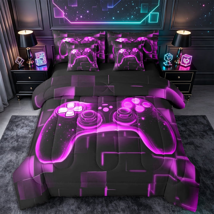 Erosebridal 7Pcs Gamer Comforter Set Queen,Teens Boys Gaming Bedding Comforter Set,Video Games Gamepad Bed In A Bag Neon Glowing Square Geometric Grid Purple Bed Sets with Comforter and Sheets