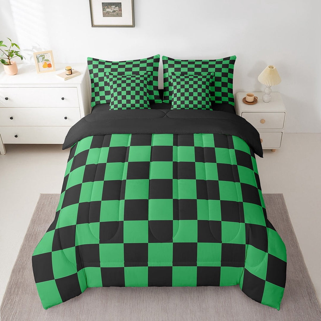 Erosebridal Checkered Gingham Bed in a Bag Full size, Green Black Bed Set, Rectangle Geometry Decor, Reversible
