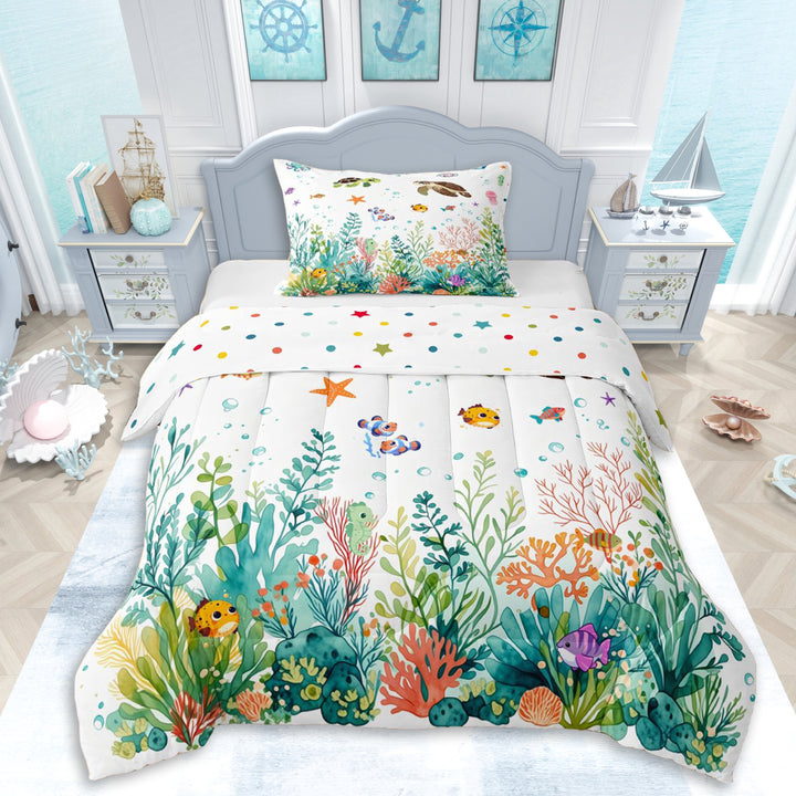 Erosebridal Ocean Turtles Twin Comforter Sets 3-Piece For Kids,Cartoon Marine Animal Bedding Set For Boys Girls,Microfiber Bedroom Decor
