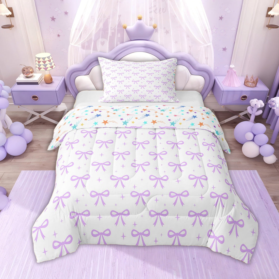 Erosebridal Purple Cartoon Bow for Girl Twin Comforter Sets, Princess Style Bedding Set, 2-Piece