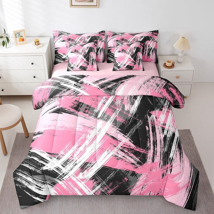 Erosebridal Pink Black Graffiti Bed in a Bag Twin Size,Geometric Lines Bed Set,Modern Aesthetic Art Bedding Twin Size,Ultra Soft Room Decorative Reversible,7 Pieces