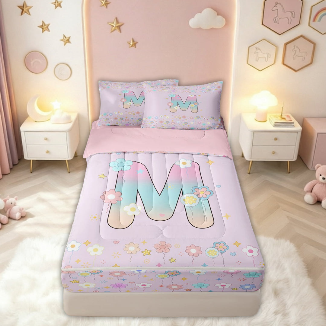 meiyoeat Pastel Floral Letter M Print Zipper Comforter Set with Fitted Sheet and 2 Pillowcases for Boys Girls, Spring Monogram Zipper Bedding Set, Pink Reversible, 3pcs