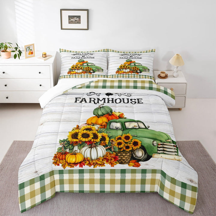 Manfei Western Farmhouse King Size Comforter Sets,Orange Pumpkin Sunflower Bedding Comforter Set,Hello Fall Bedding Set For Child,Ultra Soft Home Decor,3 Pieces