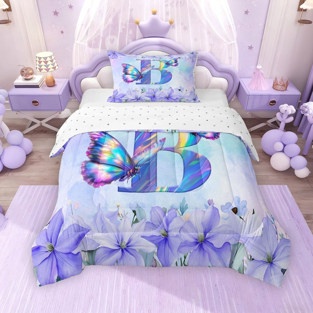 Erosebridal Purple Butterfly Twin Comforter Sets for Girls, Garden Flower Floral Bedding Set, B Letter, Reversible, 1 Comforter and 1 Pillowcase