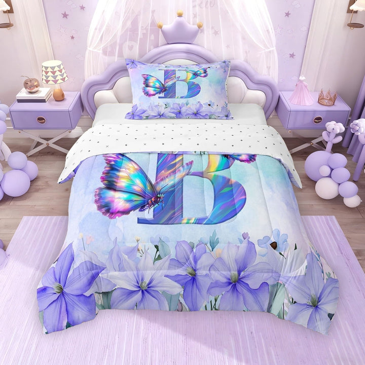 Erosebridal Purple Butterfly Twin Comforter Sets for Girls, Garden Flower Floral Bedding Set, B Letter, Reversible, 1 Comforter and 1 Pillowcase