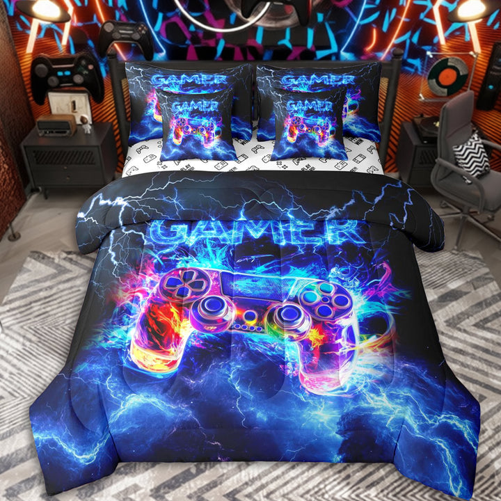 Erosebridal Kids Lightning Flame Video Game Bedding Comforter Set 7pcs,Teens Boys Game Controller Gamepads Queen Bedding Sets,Luxury Bedroom Decor