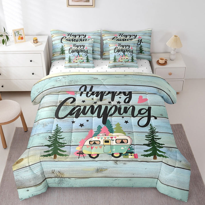 Erosebridal Cartoon Car Bedding Sets Twin Size,Happy Camping Comforter Sets with Sheets,Lodge Cabin Bed in a Bag Twin size,Breathable Boys Bedroom Decor,Reversible,7pcs