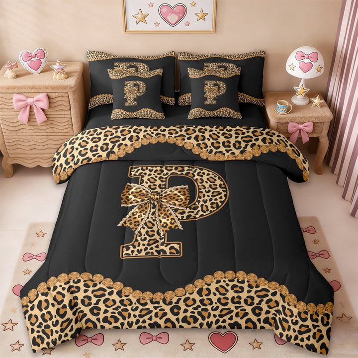 Erosebridal Girl Personalized Gifts 7-Piece Twin Bedding Sets,Cheetah Pattern Bowtie Alphabet P Bedding Comforter Set For Kids,Black Reversible