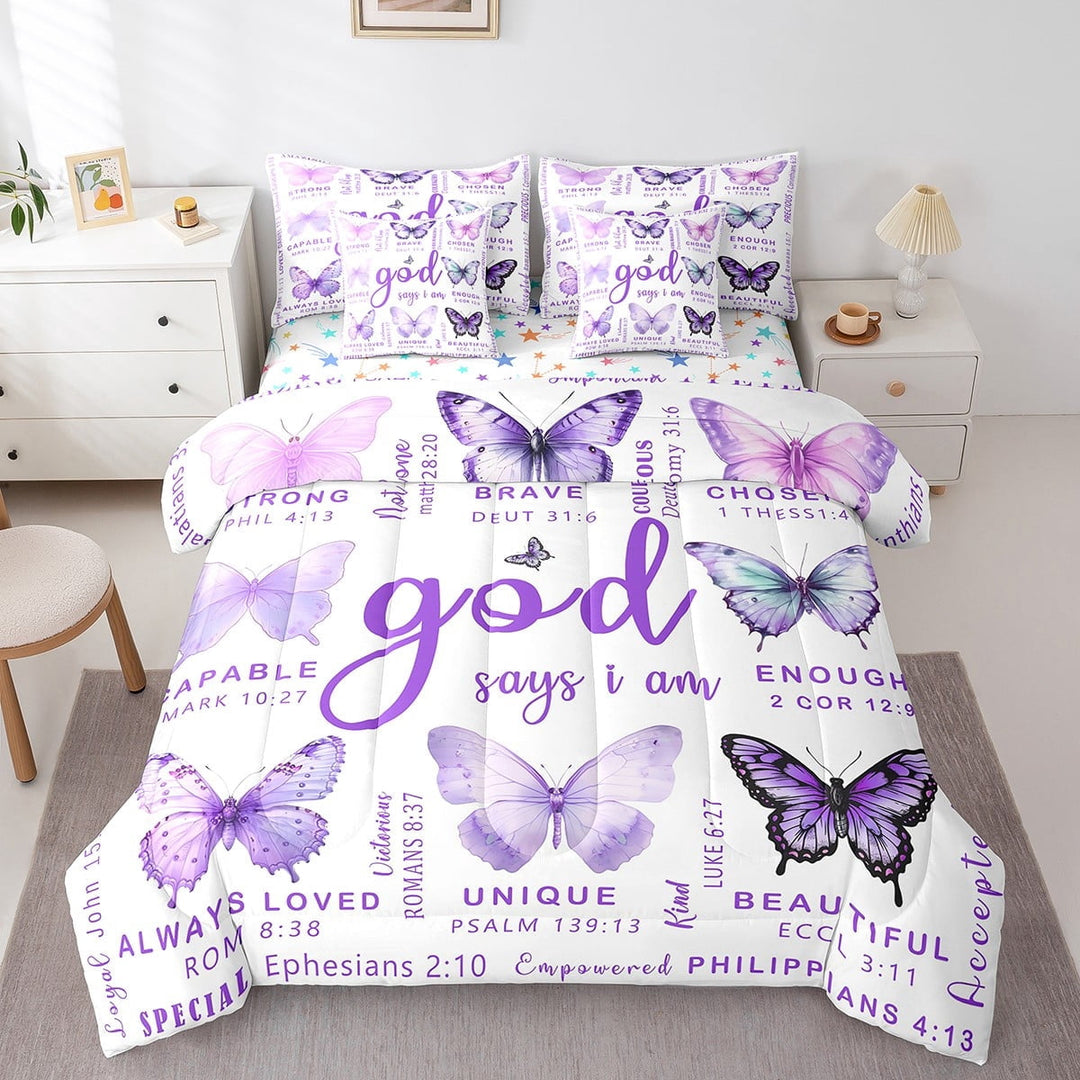Erosebridal Butterfly Bedding Sets Twin Size, Purple White Comforter Sets with Sheets, Letters Decor, Reversible