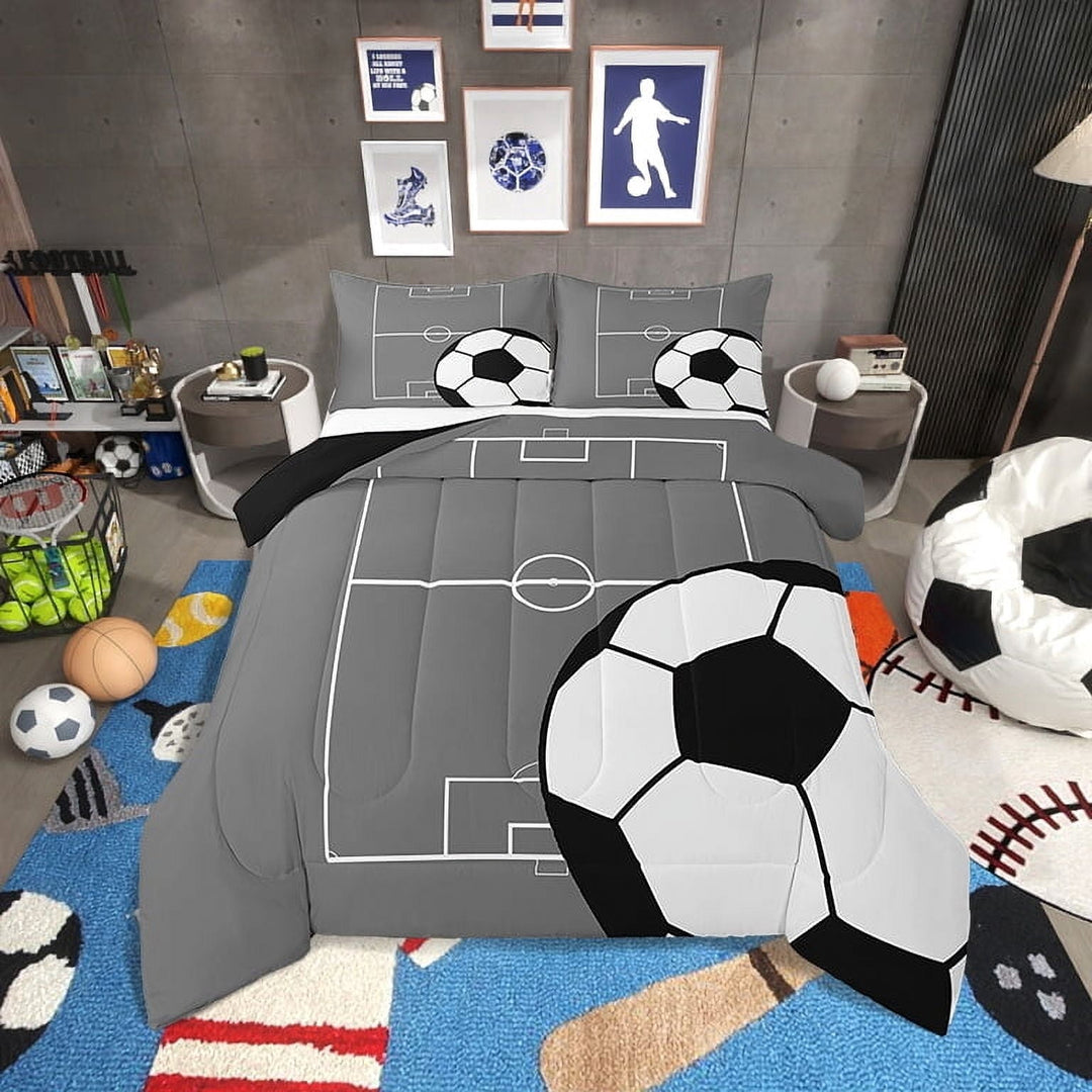 Football Bedding Set Queen Size Soccer Comforter&amp;nbsp;Set Teens,Sports Theme Down Comforter Gray Ball Gaming Quilt Bed Set Football Bedroom Decor with 2 Pillowcases