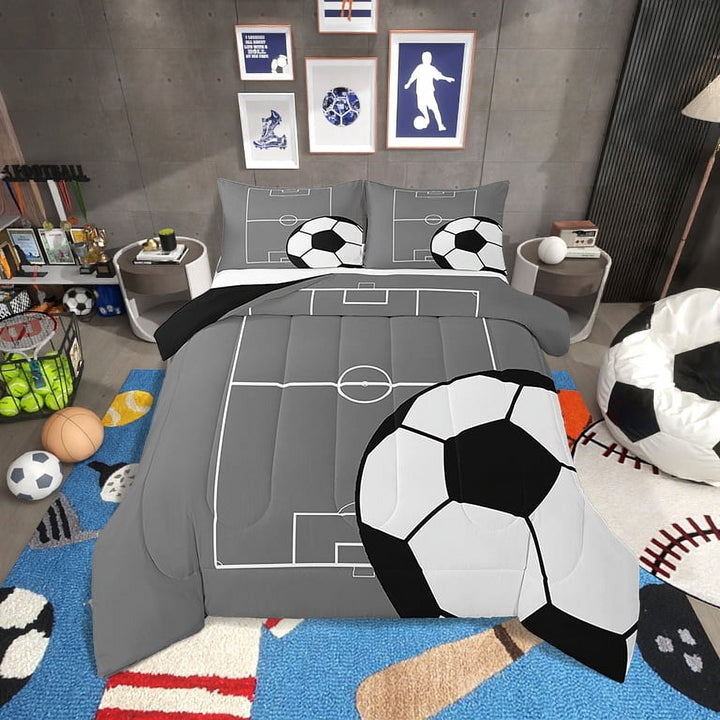 Football Bedding Set Queen Size Soccer Comforter&amp;nbsp;Set Teens,Sports Theme Down Comforter Gray Ball Gaming Quilt Bed Set Football Bedroom Decor with 2 Pillowcases