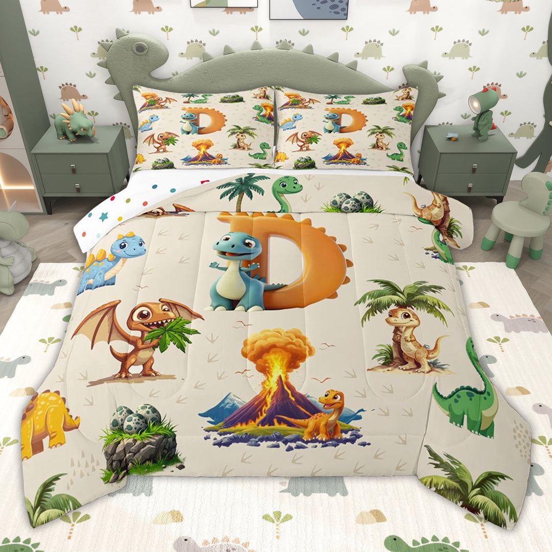 Erosebridal Cartoon Dinosaur Twin Comforter Sets for Kids Boys Girls, Dino Letter F Bedding Set, Polka Dots Reversible, 2 Pieces