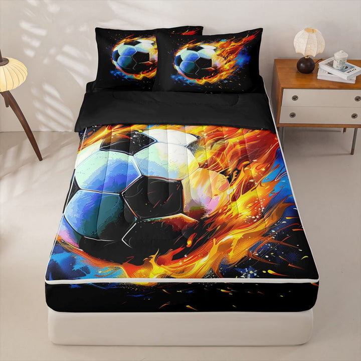 meiyoeat Fire Soccer Ball Zipper Full Size Comforter Sets with Fitted Sheet and 2 Pillowcases for Kids Boys, Flame Art Zipper Bedding Set for Bedroom, Black Orange, Black ReversibleB